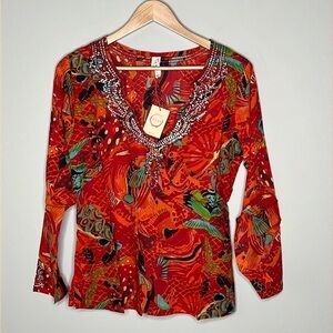 RAGA Colorful Boho Cotton Long Sleeve V-neck Tunic w/Sequins Size Large NWT!
